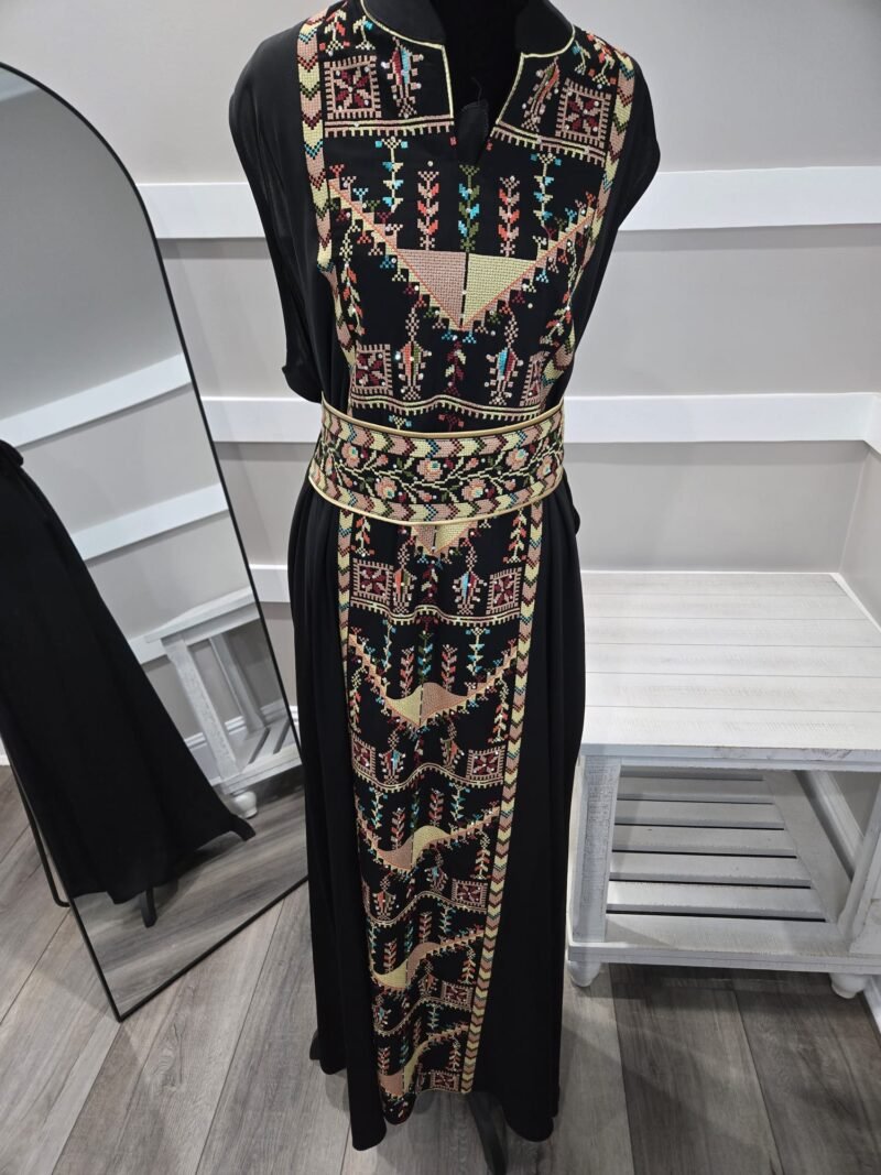Gold Palestine abaya set 3 pieces crepe silk - Image 2